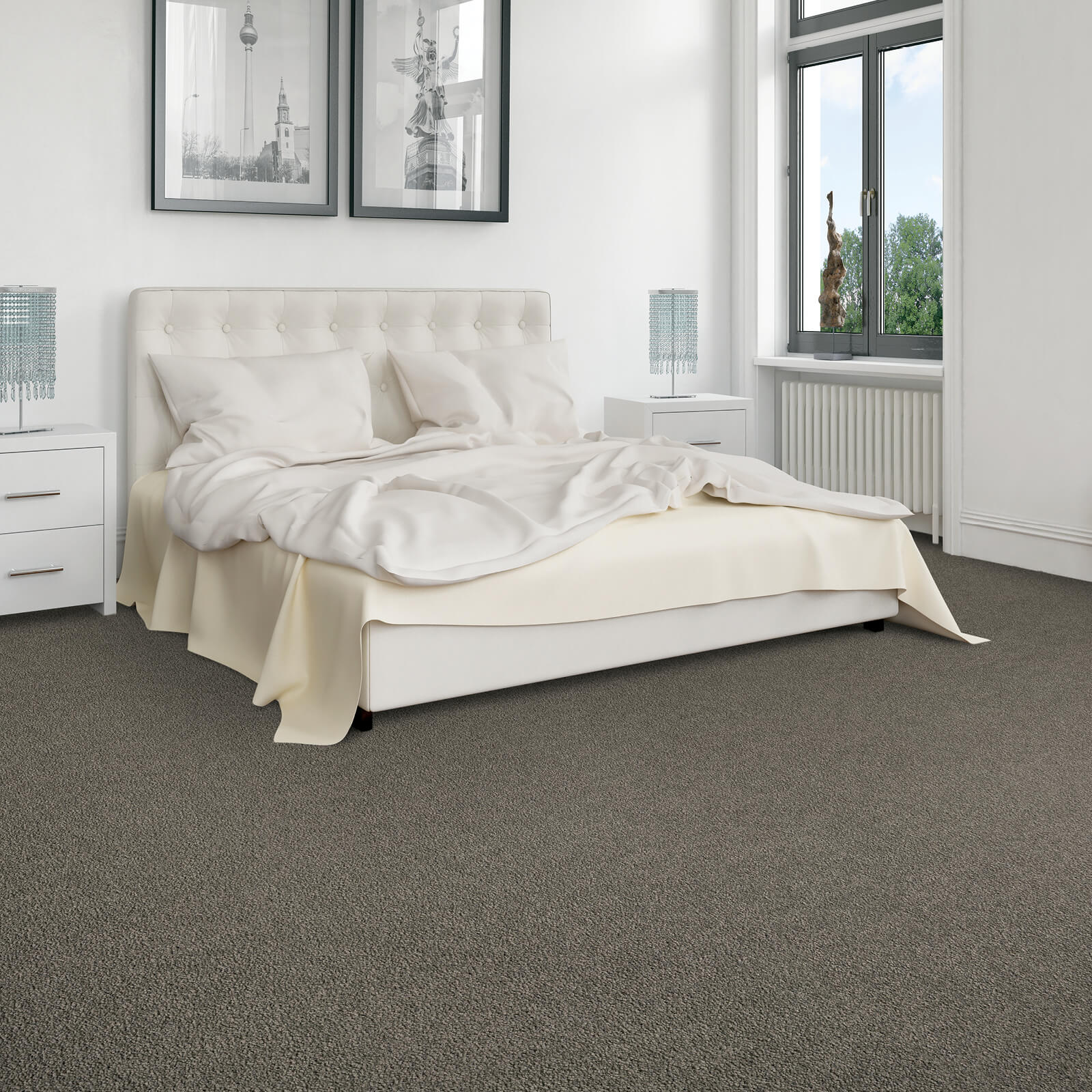 White Bed With Dark Carpet | Location Carpet